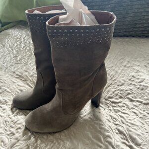 Green Suede Mid-Calf Heeled Boots With Rhinestone Detailing & Wooden Heels